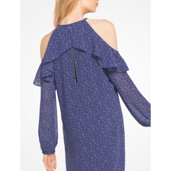 MICHAEL KORS Blue Floral Print Ruffle Trim Cold Shoulder Poly Chiffon Dress - Picture 3 of 12